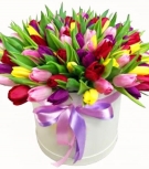 Разноцветье тюльпанов   в шляпной коробке